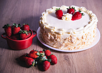 fruit cake strawberry grape with wooden background