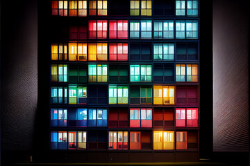 Building facade with the windows lighted in different colors, generative AI