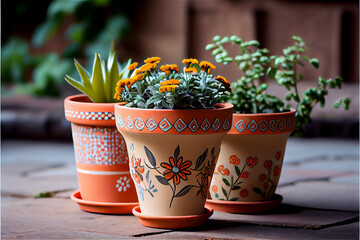 Hand painted terracotta flower pot in bright colors, generative AI - obrazy, fototapety, plakaty