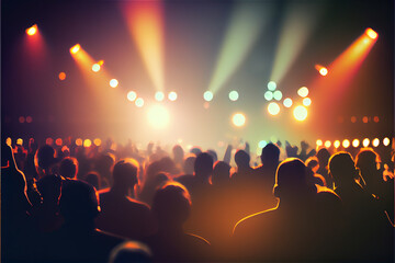 Fototapeta na wymiar crowded music festival with colorful lights, live concert, generative AI