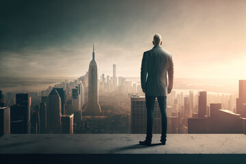 Business man standing top of building looking city skyline background. Generative AI