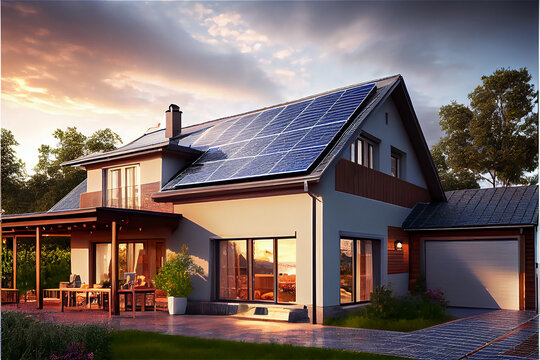 House with solar panels on the roof, ideal for sustainable energies backgrounds, generative AI