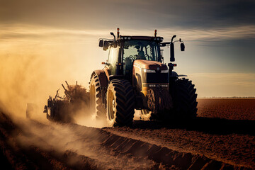 Working in a field, a tractor prepares the ground for planting and ploughs a field. Generative AI