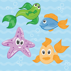 Sea life cartoon animals. Marine world creatures. Fish, starfish characters. 