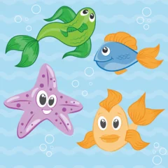 Foto auf Acrylglas Meeresleben Sea life cartoon animals. Marine world creatures. Fish, starfish characters. 