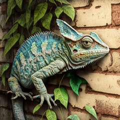 Obraz premium Chameleon camouflaged on the wall. Generative AI.