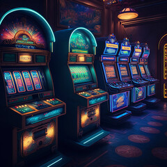 Fototapeta na wymiar Interior of a casino with slot machines. Generative AI.