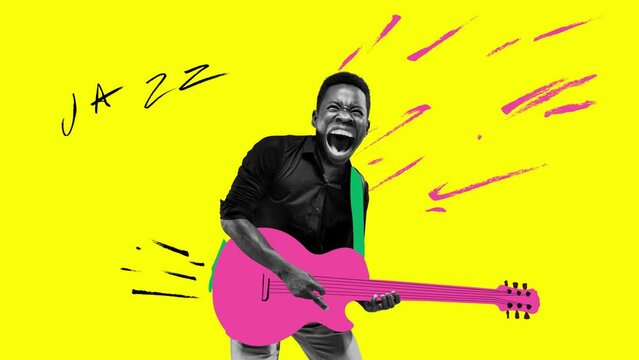 Stop motion, animation. Young astonished man palying hand-drawn guitar isolated over yellow background. Music, festival, event