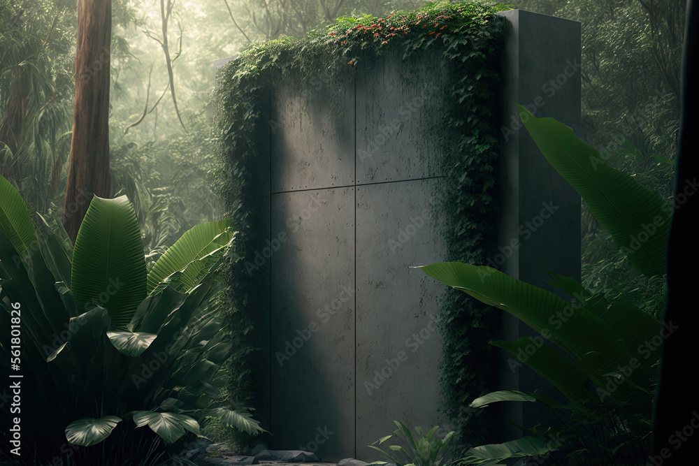 Sticker A concrete podium with a living wall is located in a tropical forest. Generative AI