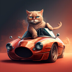 Serious cat rides a sports car