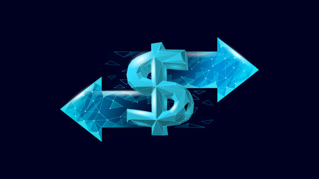Money exchange arrows symbol concept. 3D geometric finance online banking finance system. Digital cyber currency pointer vector illustration