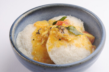 idli and sambhar in a bowl, one bowl south Indian meal or breakfast,