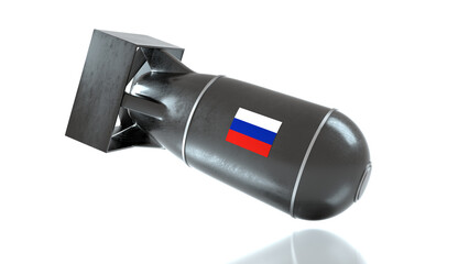 Russian bomb. Russian aggression illustration. Glide bomb or standoff bomb with Russia flag. Military equipment. Isolated on white. 3D render. Clipping path included.