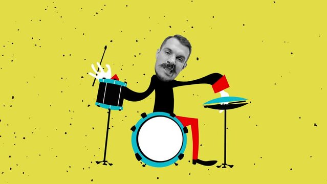 Stop motion, animation. Bright performance. Art, modern design. Retro style. Stylish hipster, man playing drums on yellow background