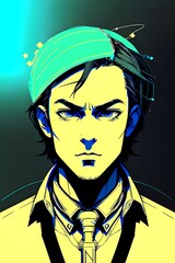 Fototapeta na wymiar a man with a green hair wearing a yellow jacket and blue tie. A portrait of a beautiful man in office. Anime style . AI