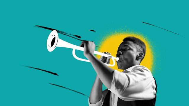 Stop motion, animation. Jazz. Lovely sounds. Contemporary art of young stylish man playing hand-drawn trumpet