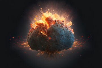 Explosion of a fiery bomb with sparks, isolated against a dark background. Generative AI - obrazy, fototapety, plakaty