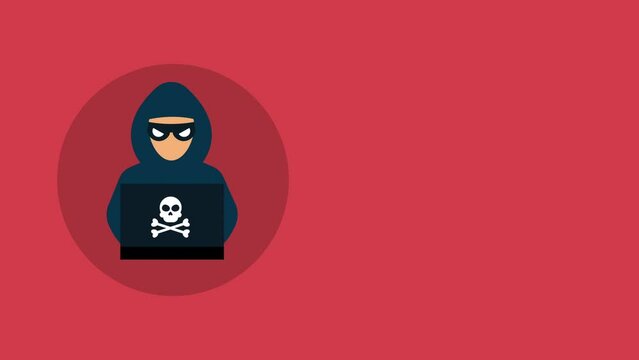 Hacker with laptop computer stealing confidential data, Hacking concept. flat design motion animation.free space for your text