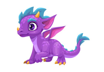 Little cute cartoon purple dragon, vector icon.