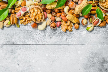 Nuts background.Assortment of different types of nuts with green leaves.