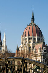 Obraz premium The Parliament Building. Budapest, Hungary. Seen over a bridge.