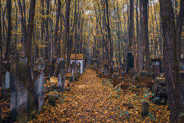Old tombs in Jewish cementary in Warsaw, Poland in autumn foliage.