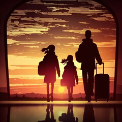 Silhouette of a family going on vacation. Generative AI.
