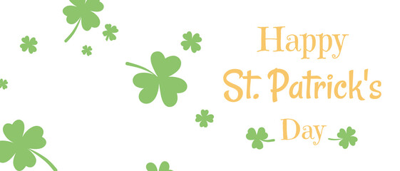 Text of Happy St. Patrick's Day greeting card with lettering, banner, template  with green Cloverleaf on white background
