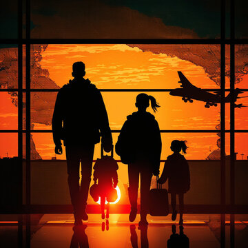 Silhouette of a family going on vacation. Generative AI.