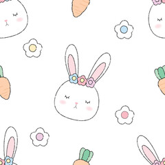 Cute seamless pattern bunny and carrot. Cute rabbit head decorate with cute carrots and flowers. This pattern is designed for fabric printing. and other print media.