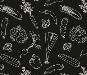 doodle pattern with vegetables, banner with leek, carrot, pepper, cabbage, broccoli, radish, corn, zucchini, cucumber, hot pepper hand drawn, poster for advertising in the store on a black background 