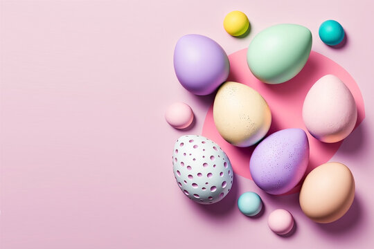 Colorful festive Easter eggs on a pink background. Generative AI, generative artificial intelligence