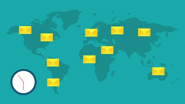 more emails on the world map and time icon.flat design motion animation.