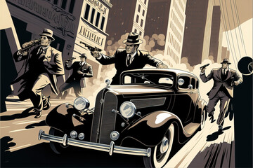 Strzelanina mafijna w ilustracji w stylu art deco z lat 20. XX wieku. Gangsterzy w zabytkowym samochodzie strzelający z broni palnej - obrazy, fototapety, plakaty