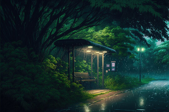 A bus stop in heavy rain surrounded by green vegetation in the summer. Bus stop at night with a wooden bench. Manga artwork. Nostalgic anime style illustration. generative ai