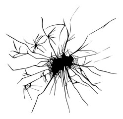 Broken glass effect with cracked hole with shatters and destruction cracks. Illustration of isolated template design