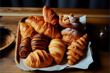 inside Paris cafe, image of A variety of croissants arranged on a table, ai generative