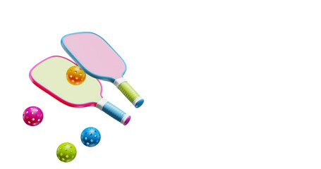 Pickleball two racket paddle balls on a transparent background. Sports equipment set 3D rendering copy space