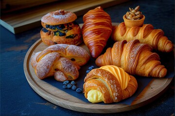 inside Paris cafe, image of A variety of croissants arranged on a table, ai generative