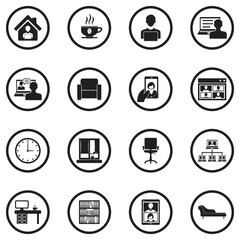 Work From Home Icons. Black Flat Design In Circle. Vector Illustration.