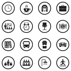 Work Day Icons. Black Flat Design In Circle. Vector Illustration.