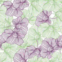 Fototapeta na wymiar Flower buds seamless pattern ornament. Line style. Floral vintage outline endless background.