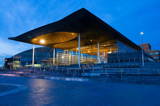 The Welsh Assembly debating chamber, or Senedd, Cardiff. Early evening shot. Wide angle. Crepuscular.