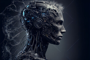 Human head with robotic mechanism details in brain. Android cyborg concept. Portrait of futuristic man interacting with artificial intelligence. Created with Generative AI