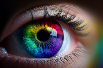Fototapeta na wymiar Female eye with colorful pupil. Close up of rainbow eye. Created with generative ai