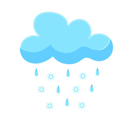 Blue snow cloud, raindrops and snowflakes. Weather forecast element. Illustration in cartoon design