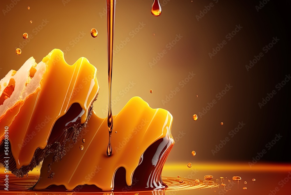 Poster bee honeycombs with honey drips as a backdrop generative ai