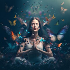 Obraz na płótnie Canvas Young woman sitting and meditating eyes closed. Birds and butterflies flying around. Concept of yoga, spirituality, consciousness and mindfulness. Generative AI.
