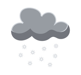 Grey snow cloud and falling snowflakes. Weather forecast element. Illustration in cartoon design