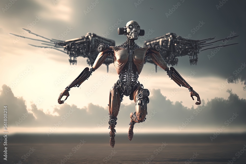 Poster robots that look like humans but are really drone aircraft generative ai